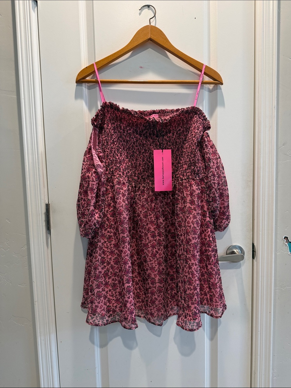 Betsey Johnson Pink Floral Smocked Off-Shoulder Dress with Spaghetti Straps